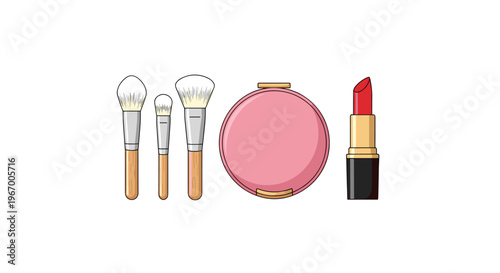 Three makeup brushes, a pink compact, and a red lipstick are arranged horizontally on a white background.