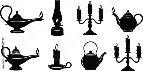 Set of Vintage Oil Lamps and Candle Silhouettes, Antique Candelabra and Kerosene Lantern Icons, Traditional Middle Eastern Magic Lamp Vector Collection
