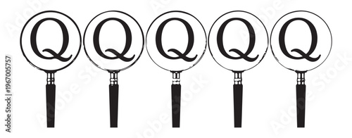 Five black and white magnifying glass icons, each containing a letter q, lined up on a plain white background.