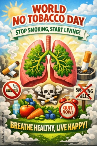 World No Tobacco Day poster with healthy lungs and anti-smoking message