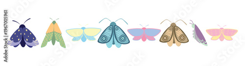 Set of 8 different butterflies illustrations in cute cartoon style vector illustration