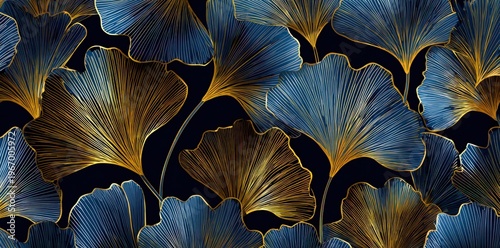 Elegant blue and gold stylized leaves pattern on dark background