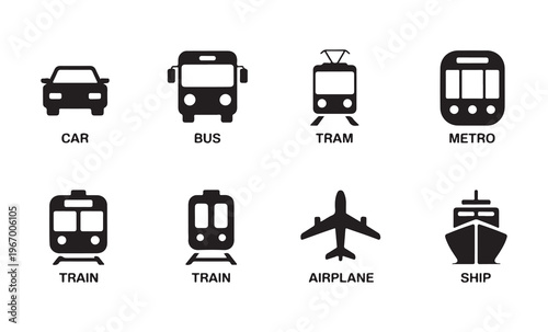 Comprehensive collection of public transportation icons in black and white, perfect for various design projects.
