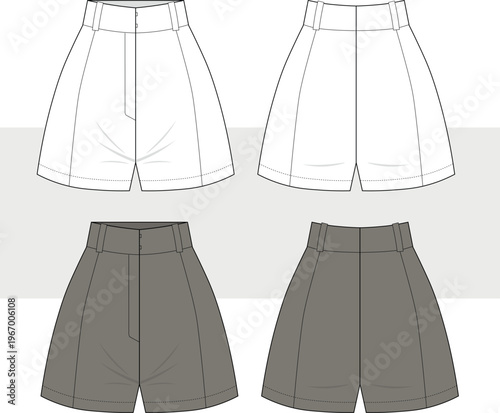 Women's high waisted classic shorts fashion technical drawing, illustration. Mini short flat sketch, vector. Front and back view, Cad, Mockup Set.