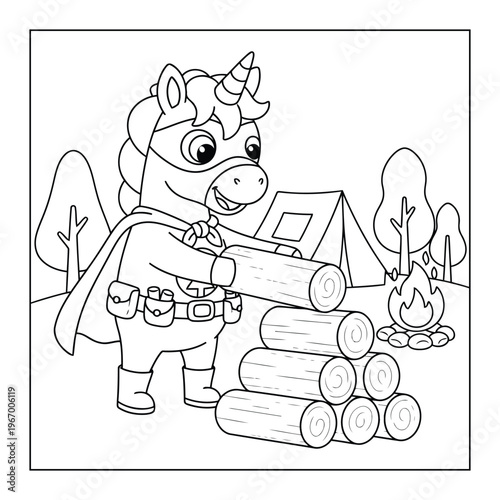 Unicorn camping building firewood stack near tent in forest outdoor adventure fun coloring page