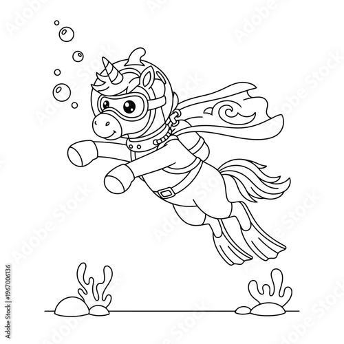 Unicorn swimming underwater with diving gear and bubbles in ocean adventure scene fun coloring page