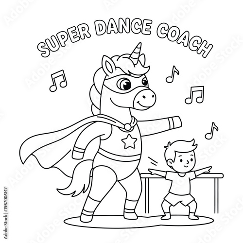 Unicorn dance coach teaching kid ballet moves with music notes in studio scene fun coloring page