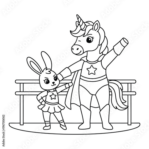 Unicorn superhero guiding bunny dancer in ballet practice studio scene fun coloring page