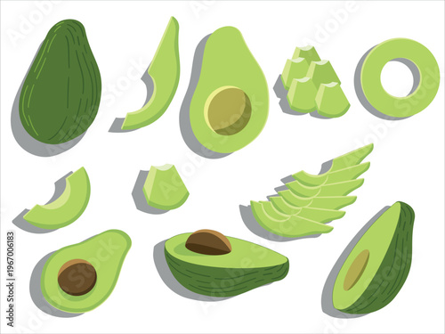 Avocado illustration set featuring whole fruit, halves with seed, sliced pieces. Flat cartoon vector style isolated on white background.