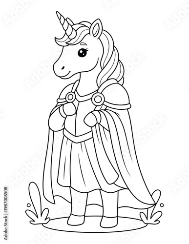Cute unicorn princess wearing royal dress and cape standing in fantasy style coloring page