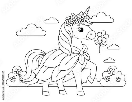 Unicorn cute floral fairy character walking in garden scene line art vector coloring page