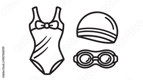 Swimsuit, cap, and goggles set with a bow detail on the swimsuit, presented in a clean, simple outline style.