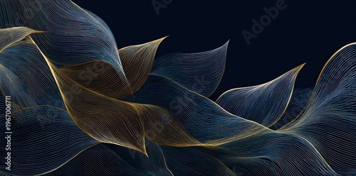 Flowing abstract lines in gold and deep blue on dark background