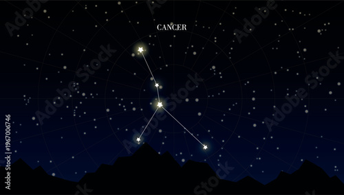 Cancer zodiac Star constellation on dark background of night sky with stars. Astrology or astronomy vector design element