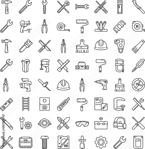 Home Renovation and DIY Tools Line Art Icon Collection