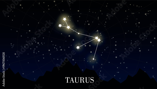 Taurus zodiac Star constellation on dark background of night sky with stars. Astrology or astronomy vector design element