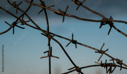 Quadro em tela Wire fence stands against a blue sky and clouds in a rural area at dusk