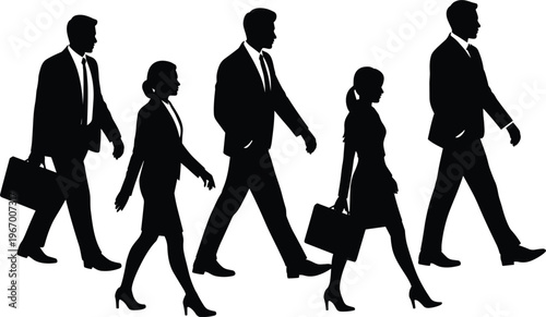 Silhouettes of business people walking with briefcases representing corporate life, career movement, and professional workplace activity