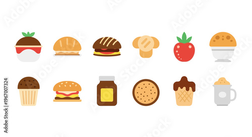 A collection of food icons including 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 desserts and drinks on a table