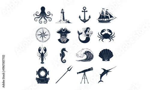Nautical vintage icon set with maritime elements and sea illustration collection.