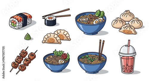 Asian Food Illustration Set with Sushi, Ramen Noodles, Dim Sum, Gyoza and Bubble Tea Isolated on White Background