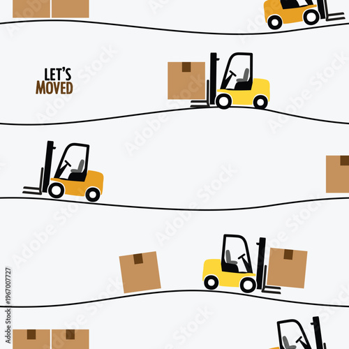 Seamless pattern of forklifts moving cardboard boxes