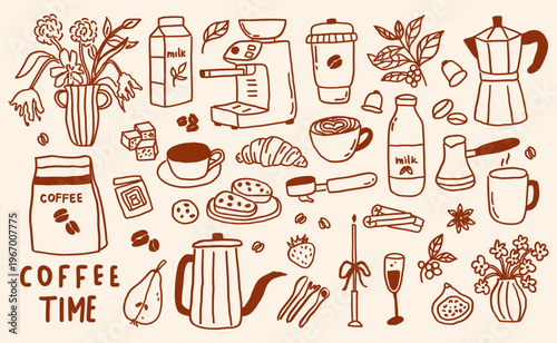 Whimsical breakfast set with coffee, croissant line art doodle sketch. Whimsy lunch with coffee cup, french brunch. Vector outline illustration