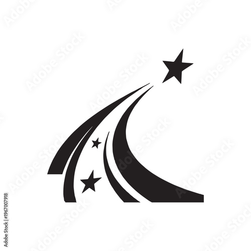 Black And White Stylized Crescent Moon With Three Sparkling Stars Graphic.