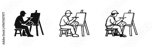 Artist Painting on Easel with Hat Icon Set - Creative Person at Work Graphic