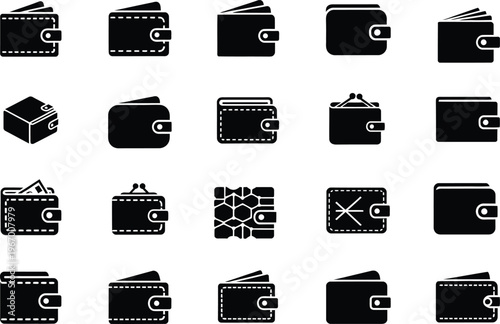 Collection of black and white wallet icons in various styles and designs