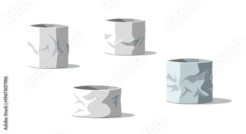 Four crumpled light gray cylindrical paper cups with distinct creases are scattered on a white background.