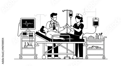 Doctor and nurse attending to patient in hospital intensive care unit.