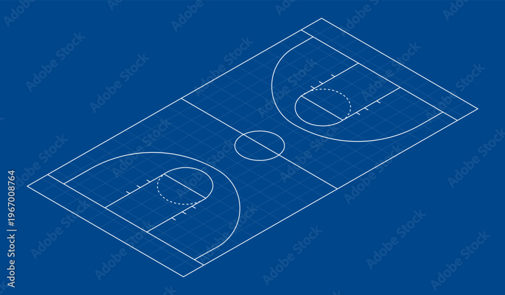 Obraz premium Clean isometric basketball court blueprint with precise court lines and grid layout, ideal for sports diagrams and educational graphics.