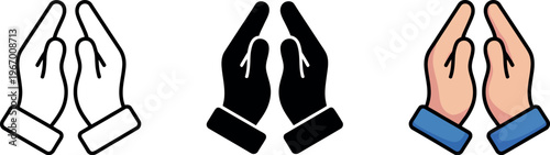 Praying hands and hopeful gesture icon set representing prayer, spiritual faith, gratitude, and peaceful meditation in vector illustration