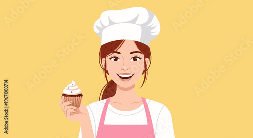 Woman baker holding cupcake illustration against yellow background