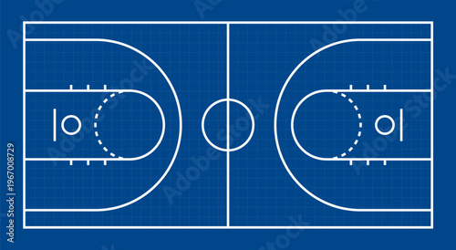 Clean basketball court line diagram with full markings and blueprint-style layout, suitable for coaching materials, sports graphics, strategy planning, and educational designs.