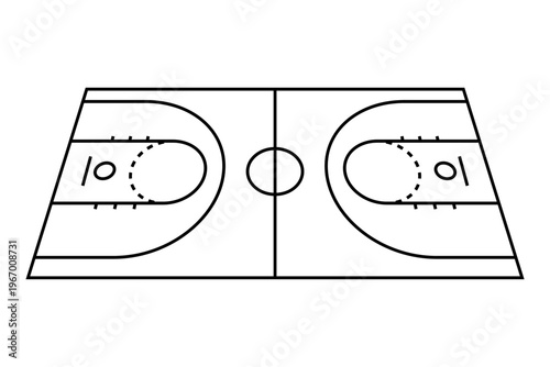 Perspective-view basketball court line diagram with clear markings and clean outline style, ideal for coaching tools, sports graphics, strategy planning, and educational designs.