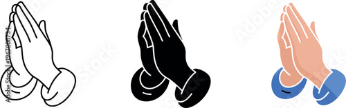 Praying hands and hopeful gesture icon set representing prayer, spiritual faith, gratitude, and peaceful meditation in vector illustration