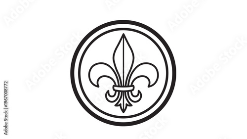 Fleur-de-lis emblem in a circular outline with bold black lines, representing heraldry and royal symbolism.