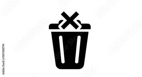Black and white trash can icon with a red x symbol against a white backdrop