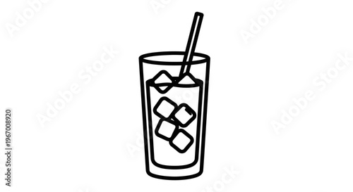 Black and white vector illustration of iced beverage with a straw