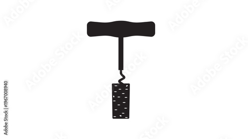 Corkscrew tool with a T-shaped handle and a spiral worm for opening wine bottles featuring bottle opener, kitchen utensil, sommelier with cork and