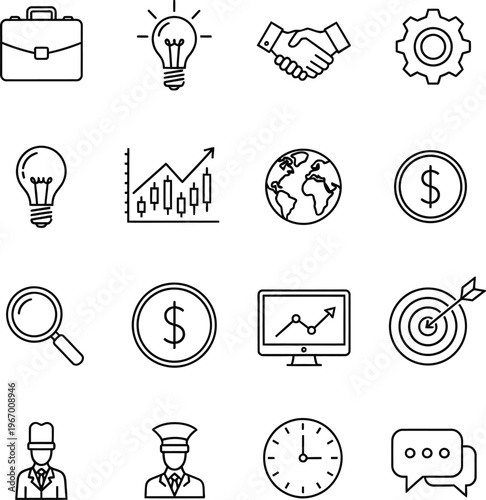 Business icons: finance, strategy, success, and communication