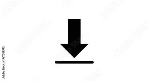 Black arrow pointing down with a horizontal line symbol isolated on white
