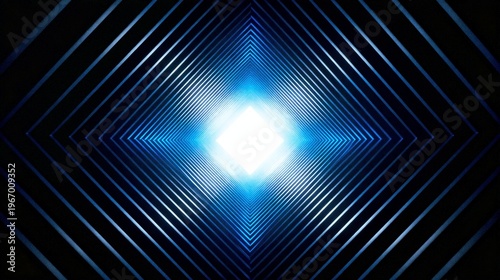 Abstract geometric pattern with bright white glowing center and blue gradient on dark background, symmetry, grainy texture, banner, backdrop design,