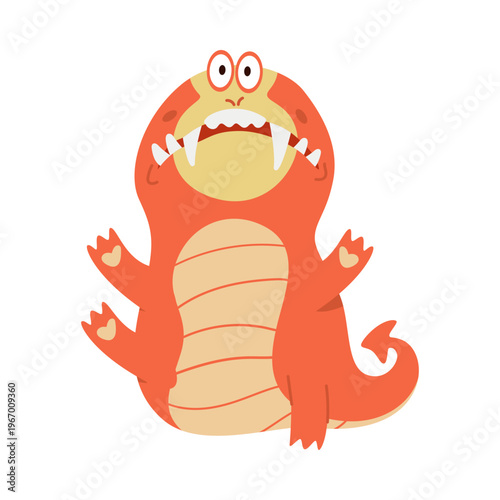 Funny orange monster character with big eyes, sharp fangs, and a playful expression, perfect for kids designs or party themes, isolated on white background vector illustration