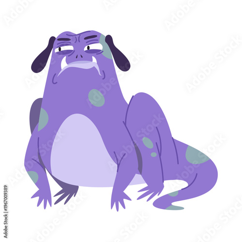 Cartoon purple monster with spots and grumpy face isolated on white background vector illustration