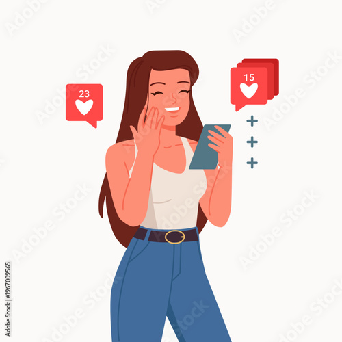 Smiling young woman checking phone and receiving likes notification on isolated white background vector illustration