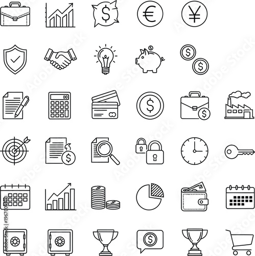 Business and finance line icons: money, investment, office