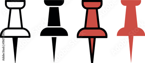 Push pin icon set featuring simple minimalist design for notice boards, maps, reminders, and important information in vector illustration